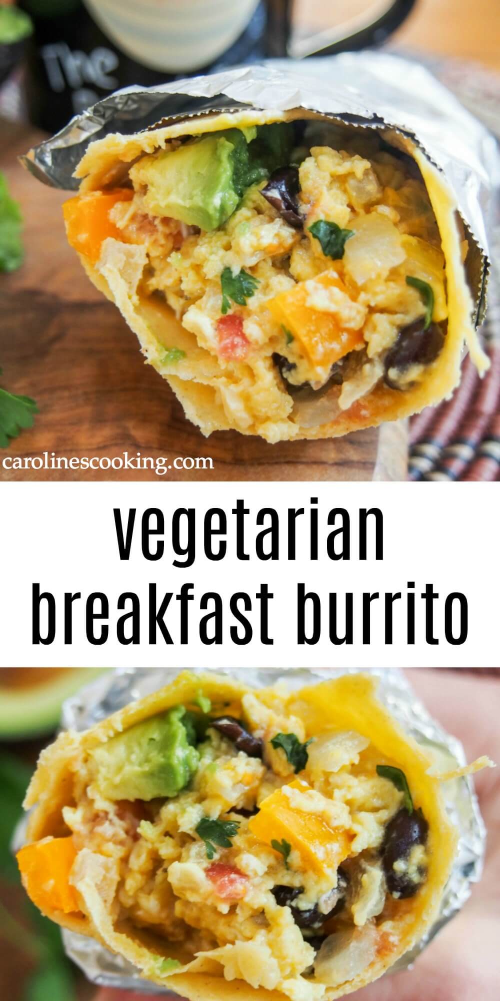 This vegetarian breakfast burrito is quick and easy to make, full of lots of tasty veggies, that you can spice up or leave as it is to taste. A fantastic breakfast/brunch option. #breakfast #burrito #vegetarian