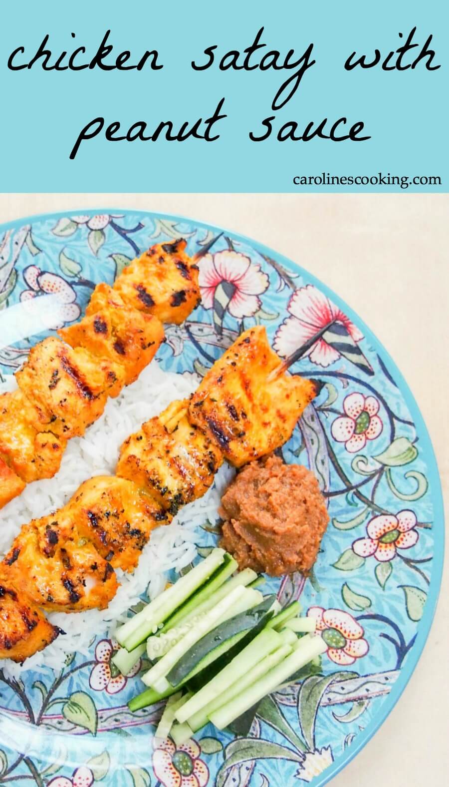 chicken satay with peanut sauce - a delicious Malaysian/Thai dish perfect for a summer cook out. Tasty marinated chicken, grilled to perfection and topped with a flavorful sauce.