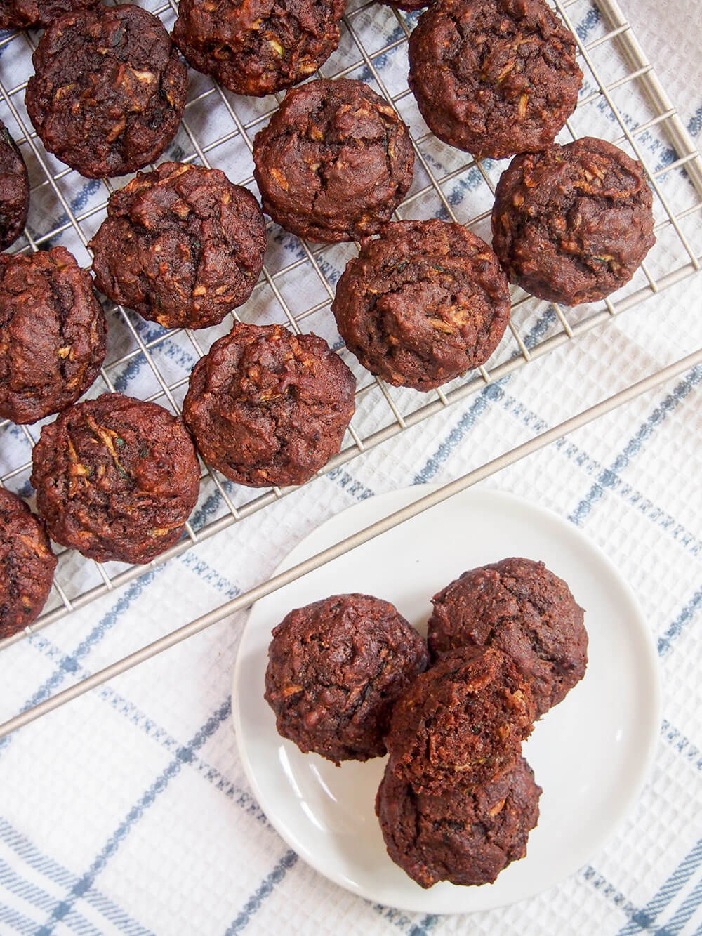 Healthy chocolate zucchini muffins (vegan) from overhead
