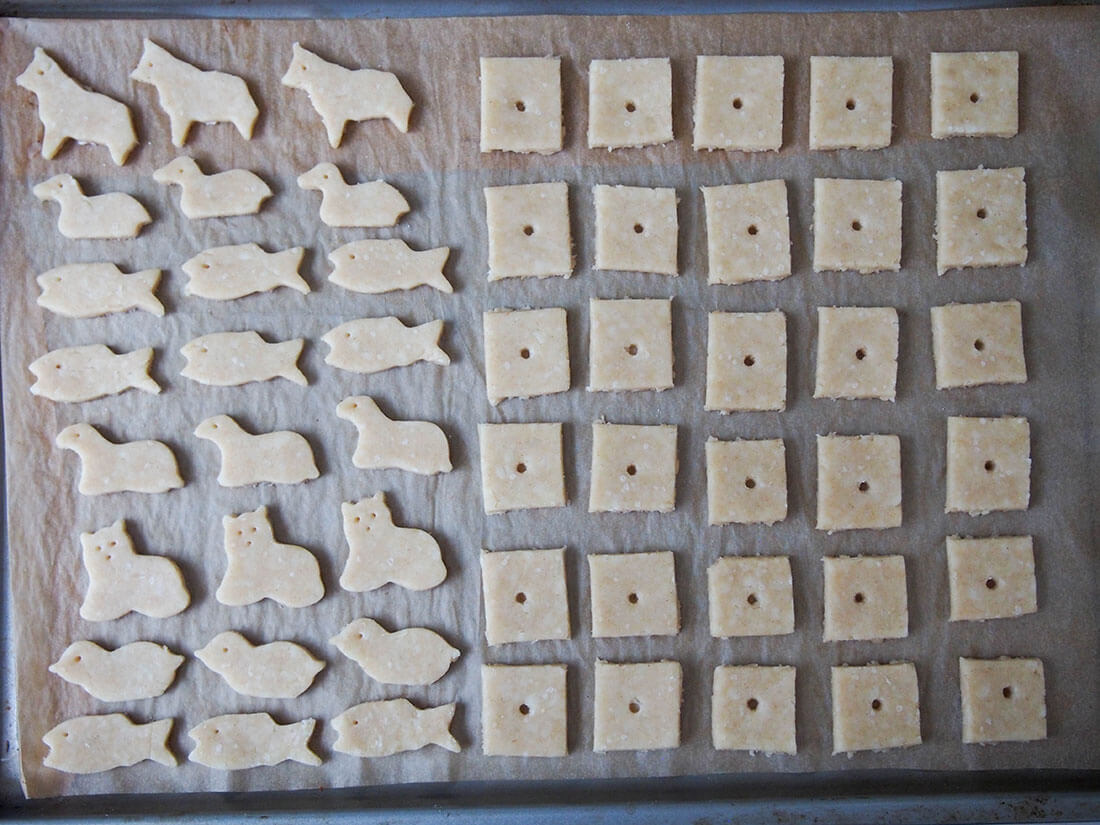 homemade cheese crackers on baking sheet ready to bake