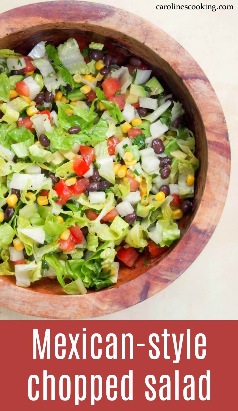 This easy Mexican chopped salad has a delicious cilantro-lime dressing to make all the crunchiness zing. Quick to make and a perfect lunch or side. #salad #vegetarian #potluck