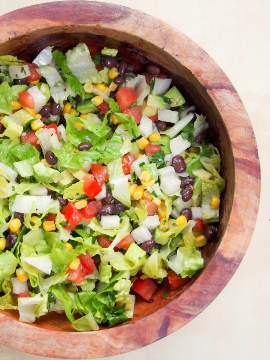 Mexican chopped salad bowl from overhead