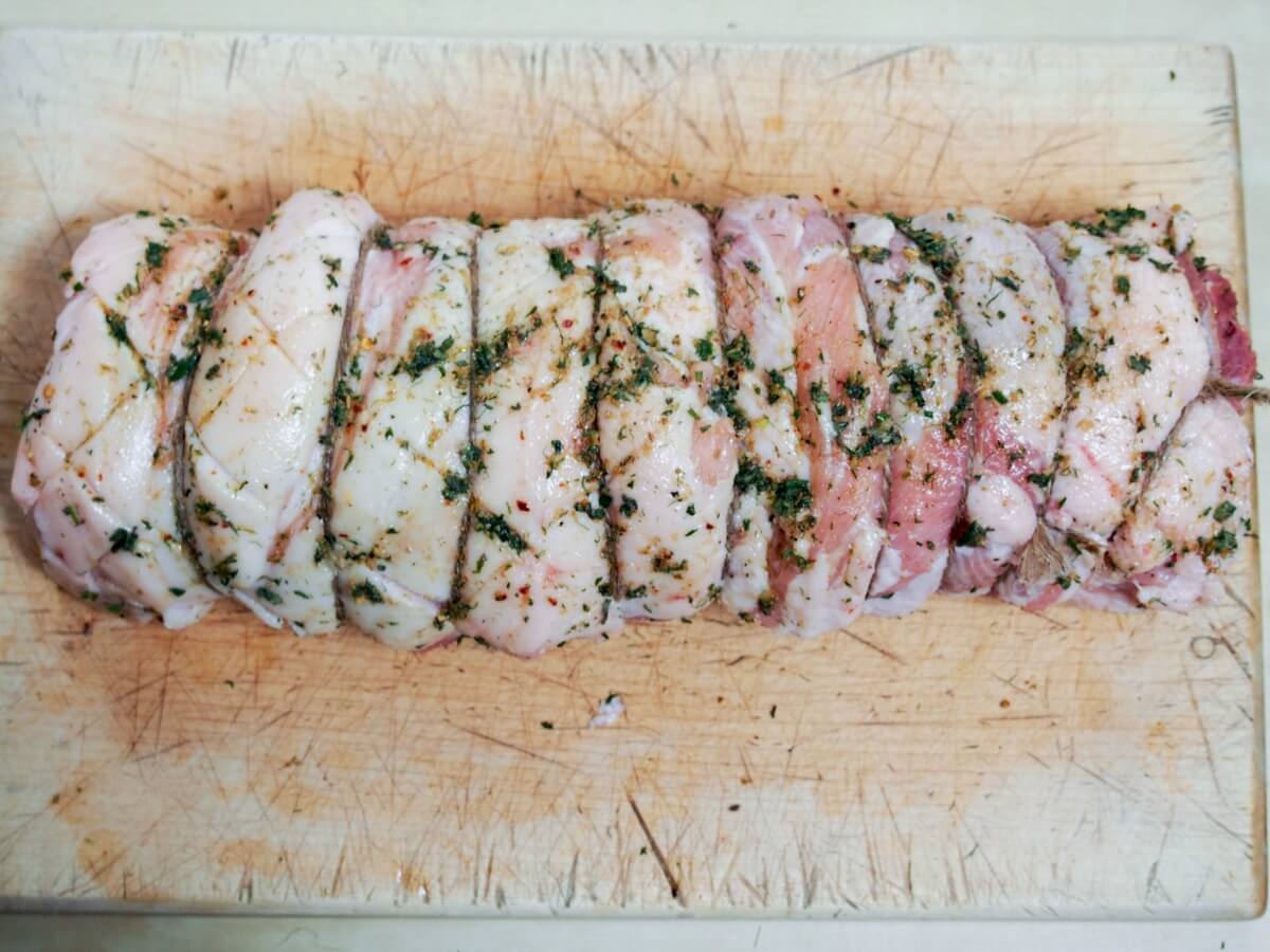 pork tied up ready to pace on rack and roast