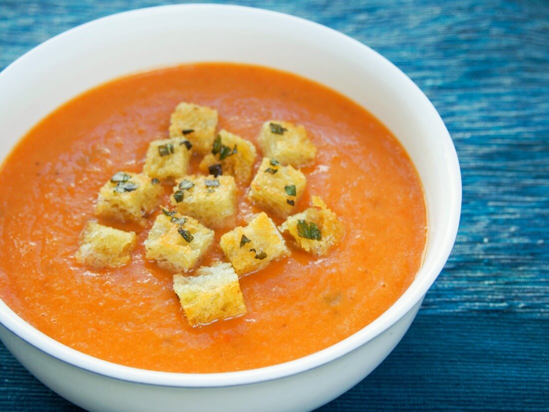 roasted tomato soup with basil-butter croutons