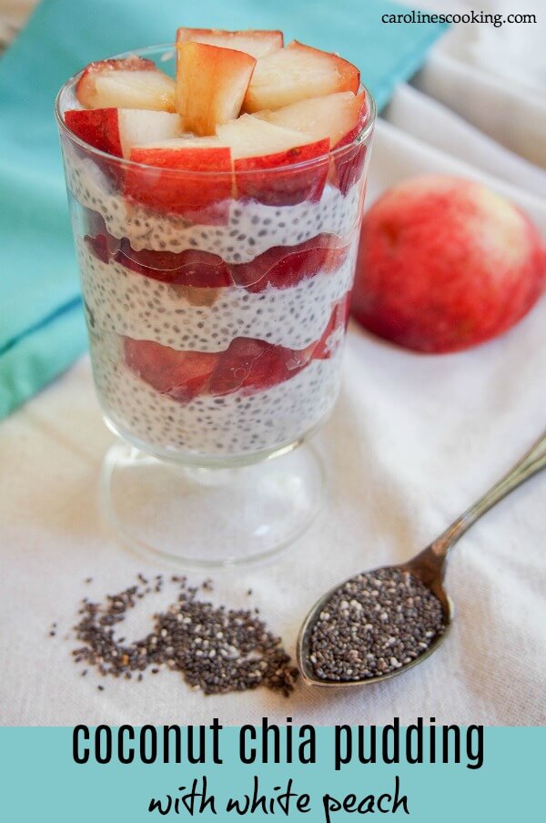 This coconut chia pudding is served with white peach for an incredibly easy but delicious breakfast, snack or dessert. Smooth, creamy and fruity (and dairy free). #chiapudding #coconutchia #snack #healthydessert #healthybreakfast #vegan