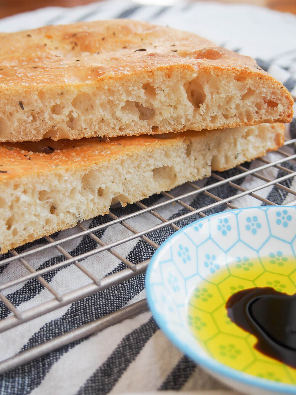 lemon thyme focaccia close up of cut slices