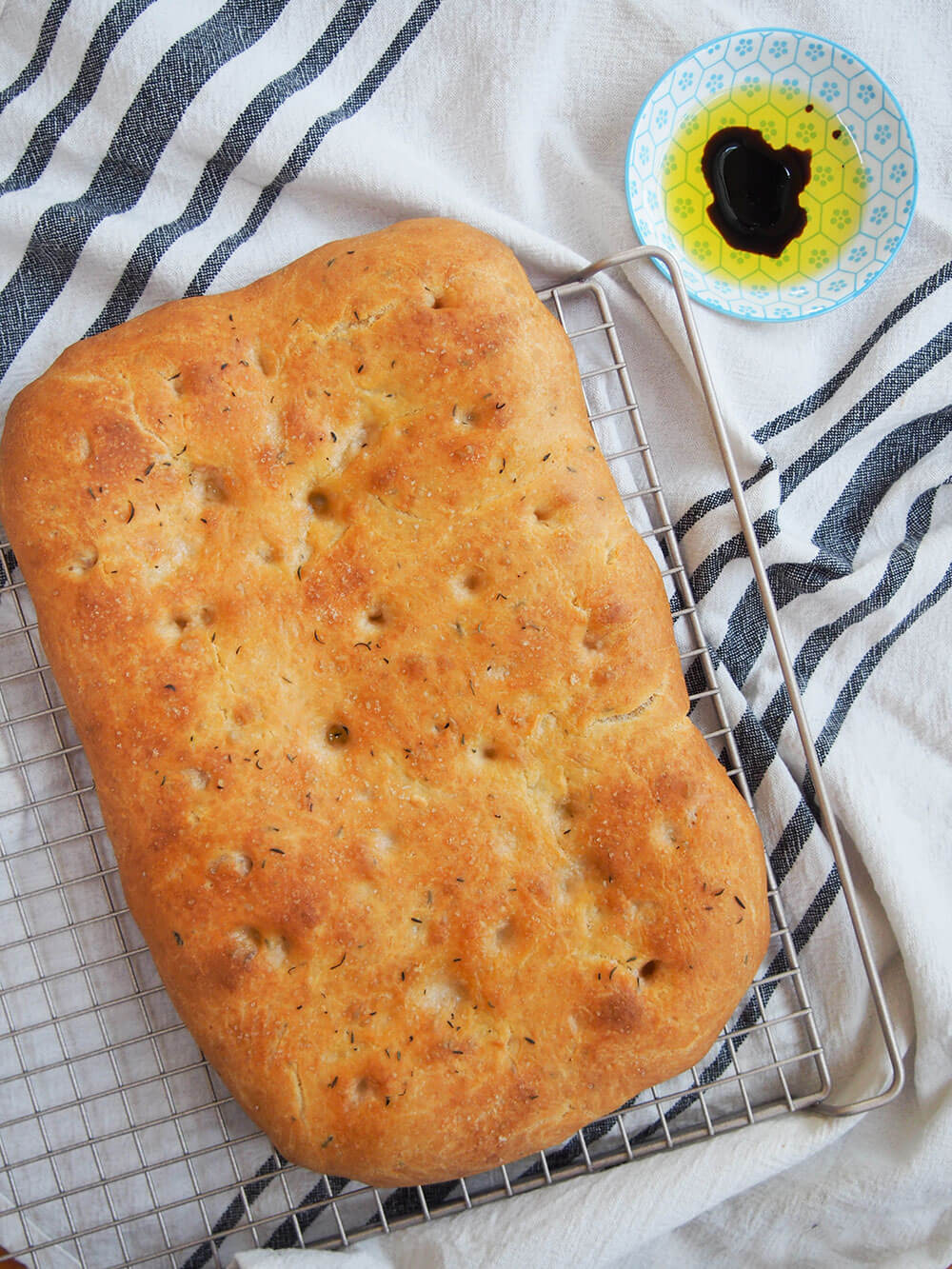 whole loaf of focaccia from overhead