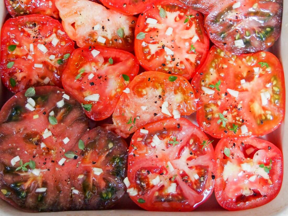 tomatoes for roasted tomato soup with basil-butter croutons