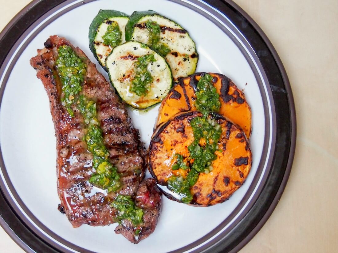 grilled butternut squash zucchini & steak w chimichurri sauce