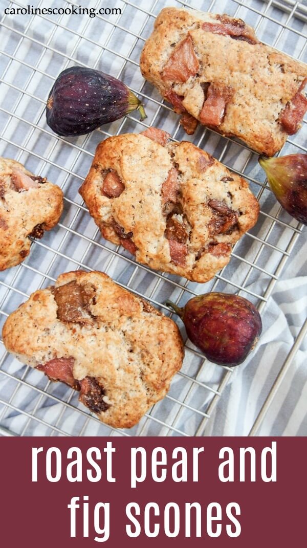 Delicious juicy chunks of fruit wrapped in a gently nutty dough, you'll hardly believe these roast pear and fig scones are pretty healthy too. #scones #fruitscones