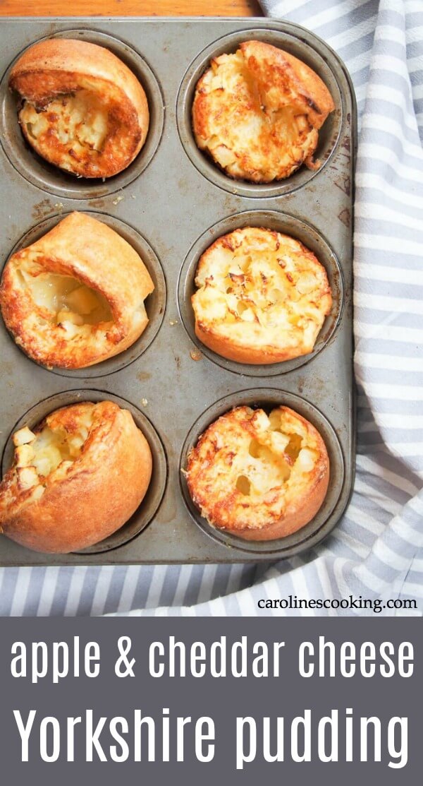 Change up the traditional! These apple and cheddar cheese Yorkshire pudding make for an incredibly easy and tasty breakfast, snack or side. Pretty much the same as a popover, these are easy to make, and the cheese and apple addition make them so much more flavorful, being almost as good cold as fresh out the oven. #Yorkshirepudding #cheesepopover #snack #easyside