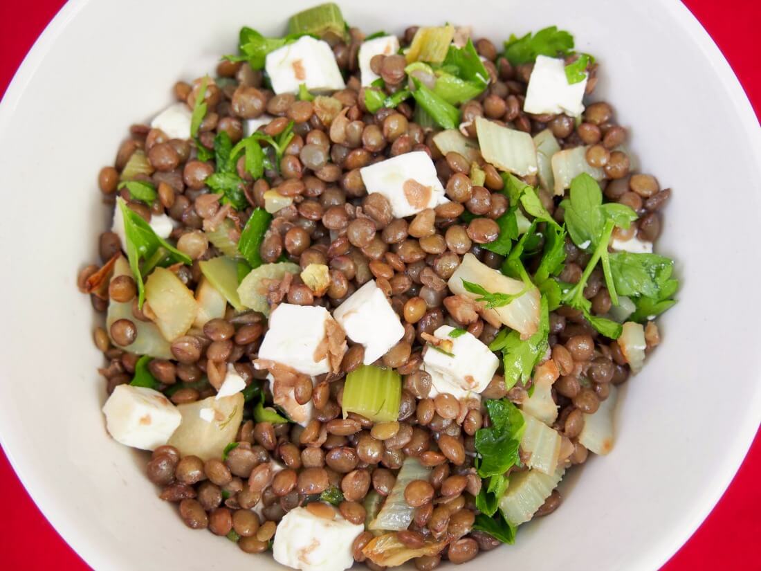 French lentil salad with feta, fennel and celery French lentil salad with feta, fennel and celery overhead shop