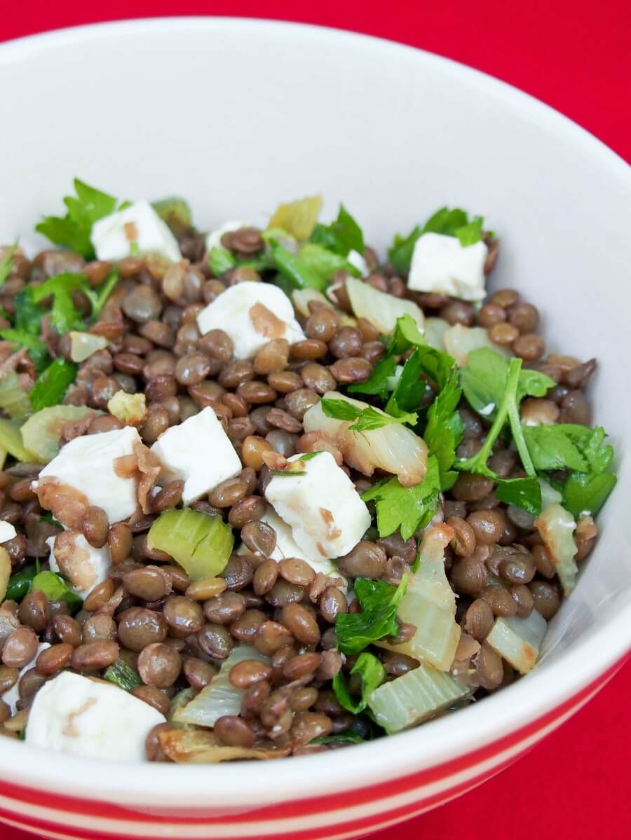 French lentil salad with feta, fennel and celery close up of French lentil salad with feta, fennel and celery