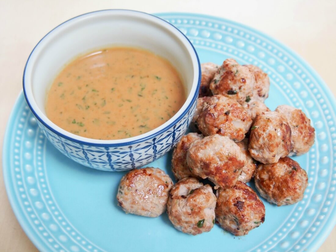 Thai basil pork meatballs with peanut-basil sauce