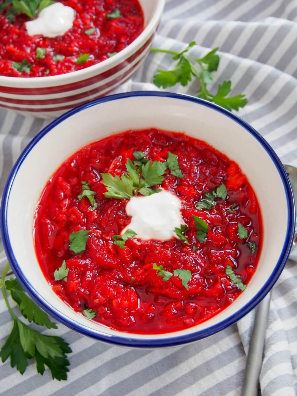Borscht is one of the iconic dishes from Russia and it's neighbors, but you can know it as a deliciously warming, comforting bowl of soup. It gets much of its color from beets, but there's a whole lot more to this bright bowl. bowl of borscht topped with sour cream and parsley with another bowl behind