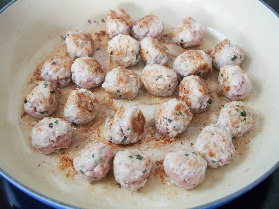 browning meatballs for Thai basil pork meatballs with peanut-basil sauce