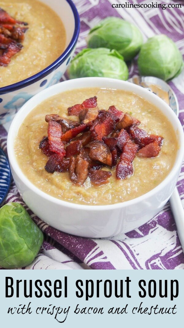 This hearty Brussel sprout soup is easy to make and delicious whether you think you're a Brussel(s) sprout fan or not. The crisp bacon and chestnut topping adds a wonderful sweet-salty flavor with every mouthful. Perfect for lunch or as an appetizer to warm you up on a cold day #Brusselssprouts #Brusselsprout #soup #bacon
