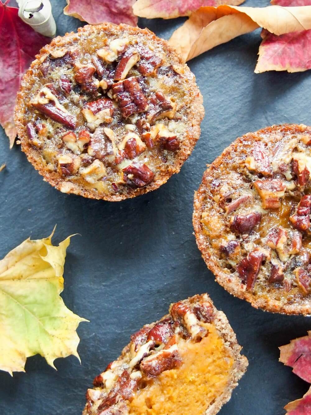 Healthier mini sweet potato pecan pies- With no refined sugar, wholewheat flour and hardly any butter, these mini sweet potato pecan pies are a lot healthier than most but still oh so delicious.