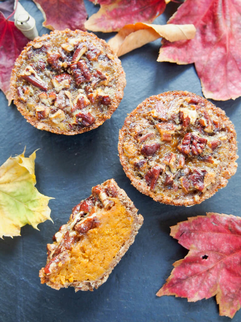 Healthier mini sweet potato pecan pies- With no refined sugar, wholewheat flour and hardly any butter, these mini sweet potato pecan pies are a lot healthier than most but still oh so delicious.