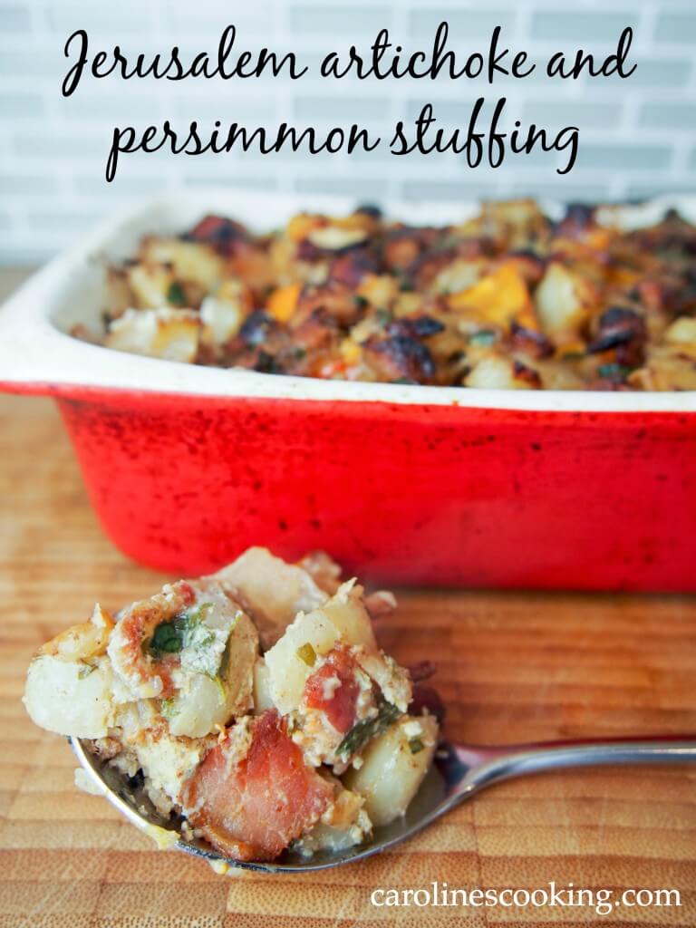 This Jerusalem artichoke and persimmon stuffing is full of lots of delicious flavors & textures- sweet and savory, crunch and softness. Perfect side for a holiday meal. #Thanksgiving via @Carolinescookng