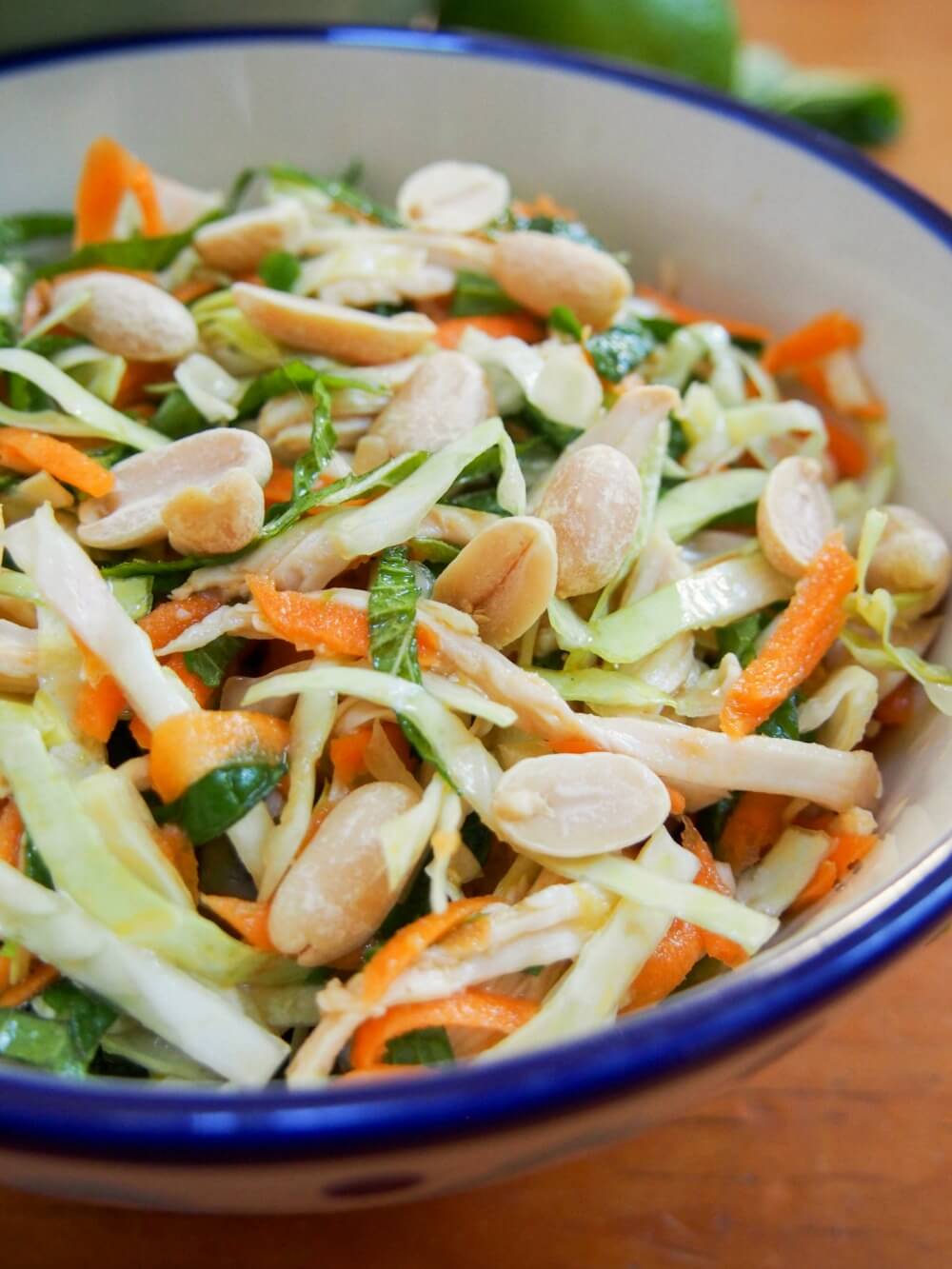 Vietnamese chicken salad is simple but delicious, a great way to enjoy leftover chicken alongside vegetables, herbs and a tasty dressing. A perfect lunch. side view of bowl of Vietnamese chicken salad topped with peanuts