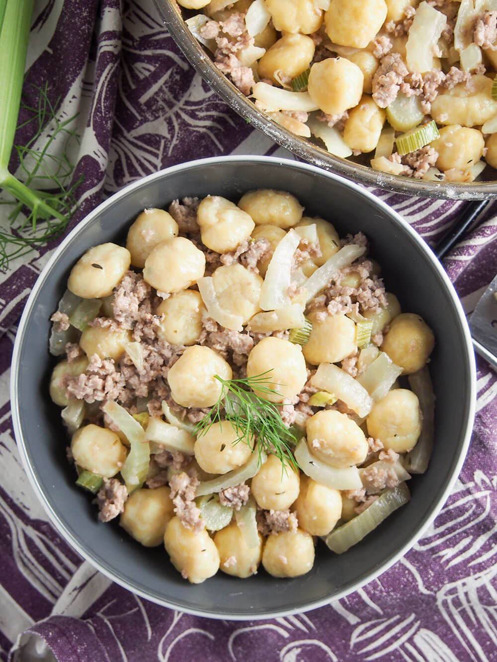 bowl of gnocchi with pork and fennel in bowl from overhead