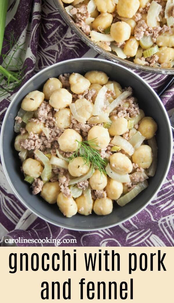 This gnocchi with pork and fennel is a delicious combination of flavors that's hearty and comforting. Easy and quick to put together, a great any-day meal. #gnocchi #sauceforgnocchi #groundpork