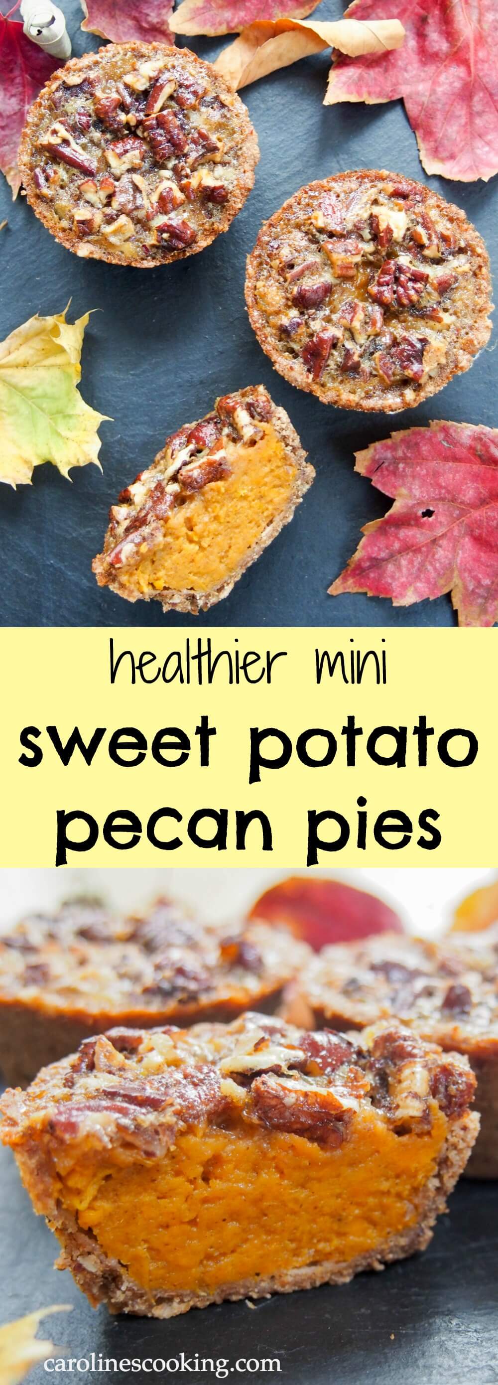 Healthier mini sweet potato pecan pies- With no refined sugar, wholewheat flour and hardly any butter, these mini sweet potato pecan pies are a lot healthier than most but still oh so delicious.