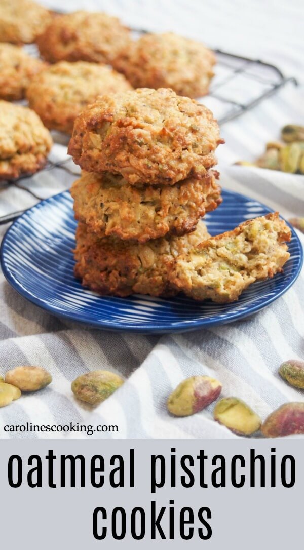 These oatmeal pistachio cookies are quick & easy to make, relatively healthy and with a gently chewy crunch. Gluten free, dairy free & no refined sugar. So you have every excuse to make some more! #cookie #glutenfreecookie #pistachiocookie #healthiercookie