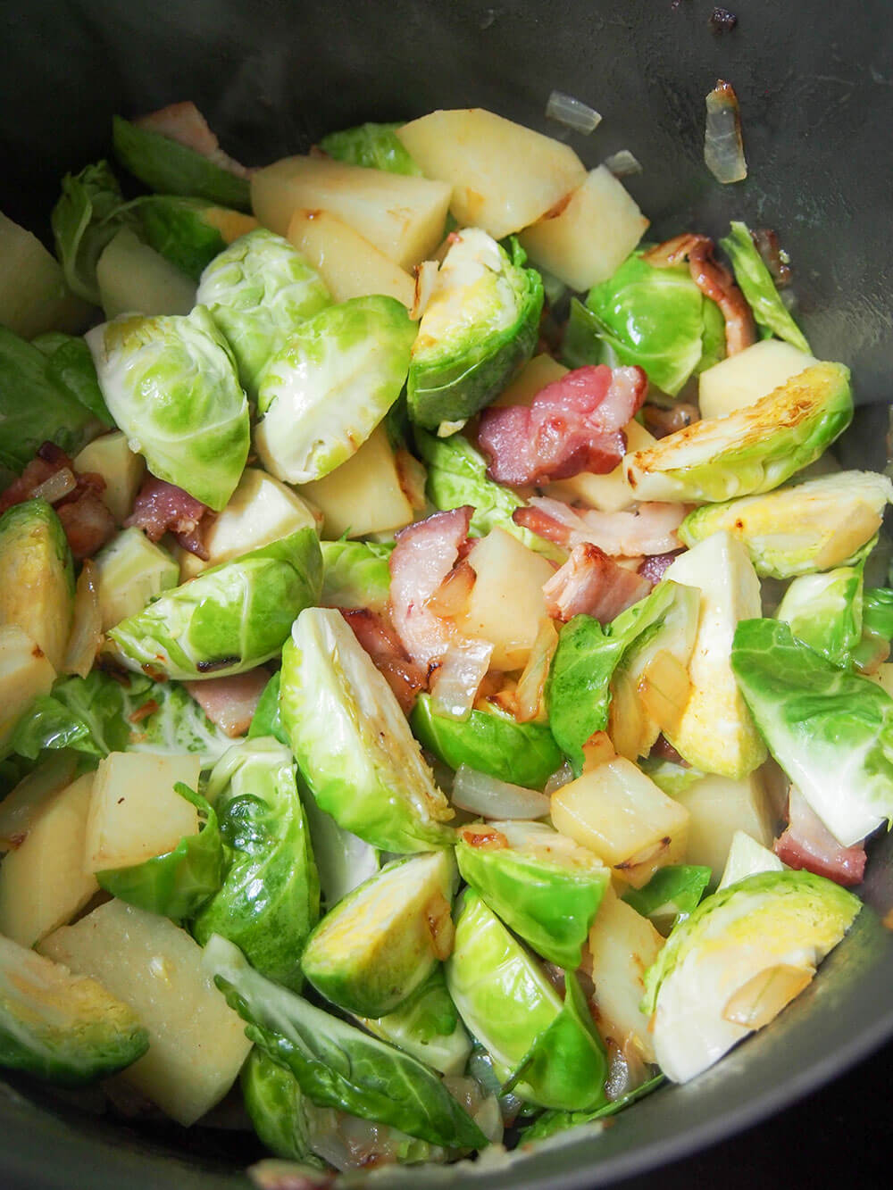 base veg for Brussel sprout soup with crispy bacon and chestnut