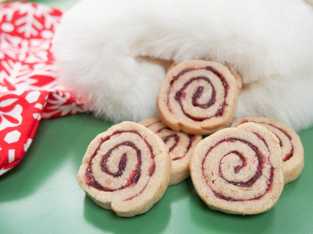 Cranberry-pomegranate-filled shortbread spiral cookies