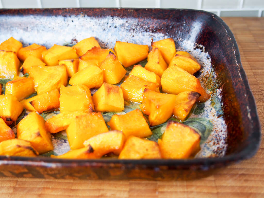 maple roasted buttercup squash in baking dish