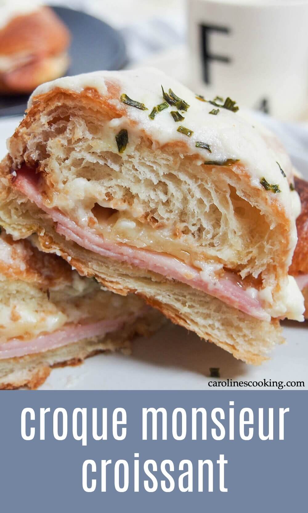 This croque monsieur croissant is the ultimate grilled ham and cheese sandwich. Instead of the usual plain white bread, here it's made in a croissant for a deliciously decadent brunch or lunch. #brunch #croissant #hamandcheese