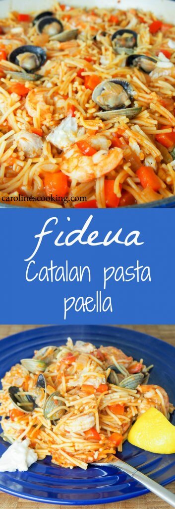 Fideua is a Catalan fish and seafood paella made with short pasta and a tomato-pepper and stock sauce base. Deliciously comforting.