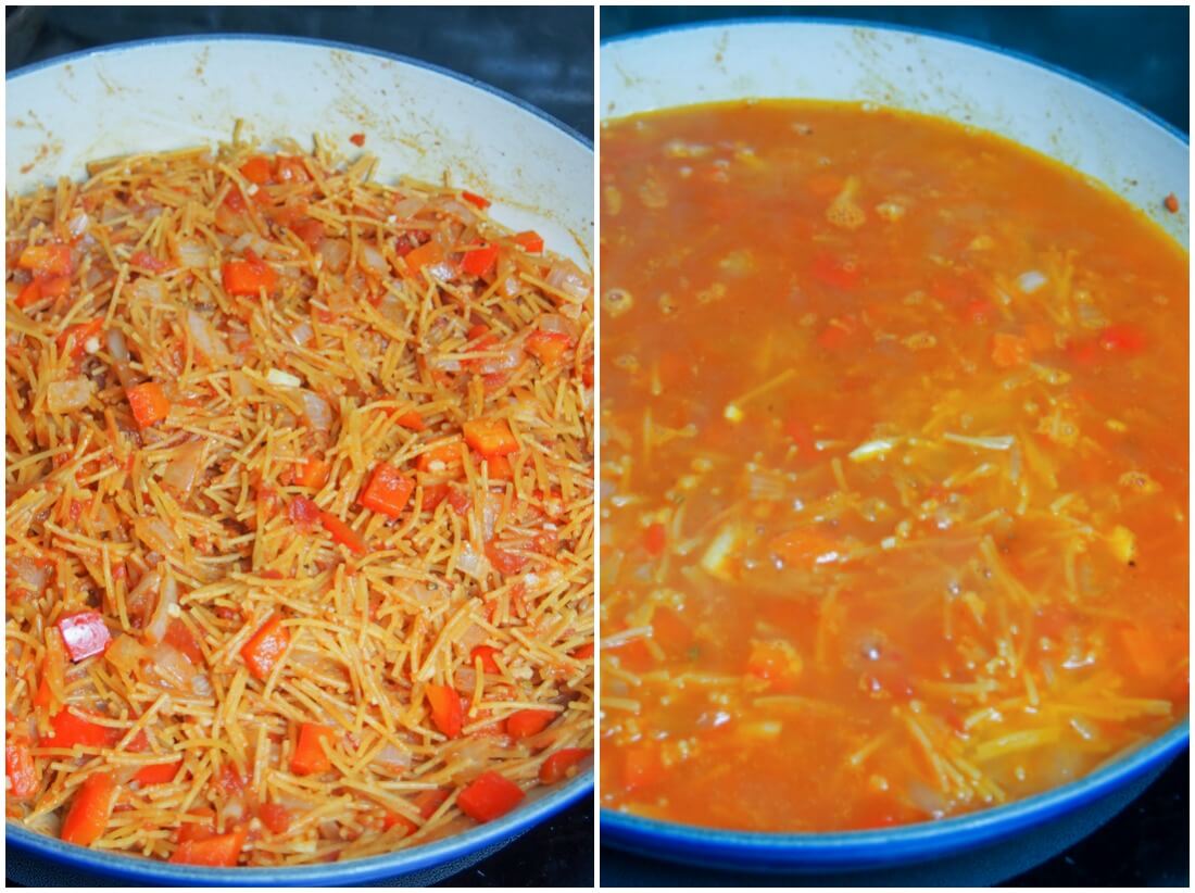 adding pasta to base then adding liquid to pot during cooking
