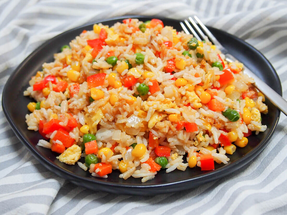 Plate of vegetable egg fried rice