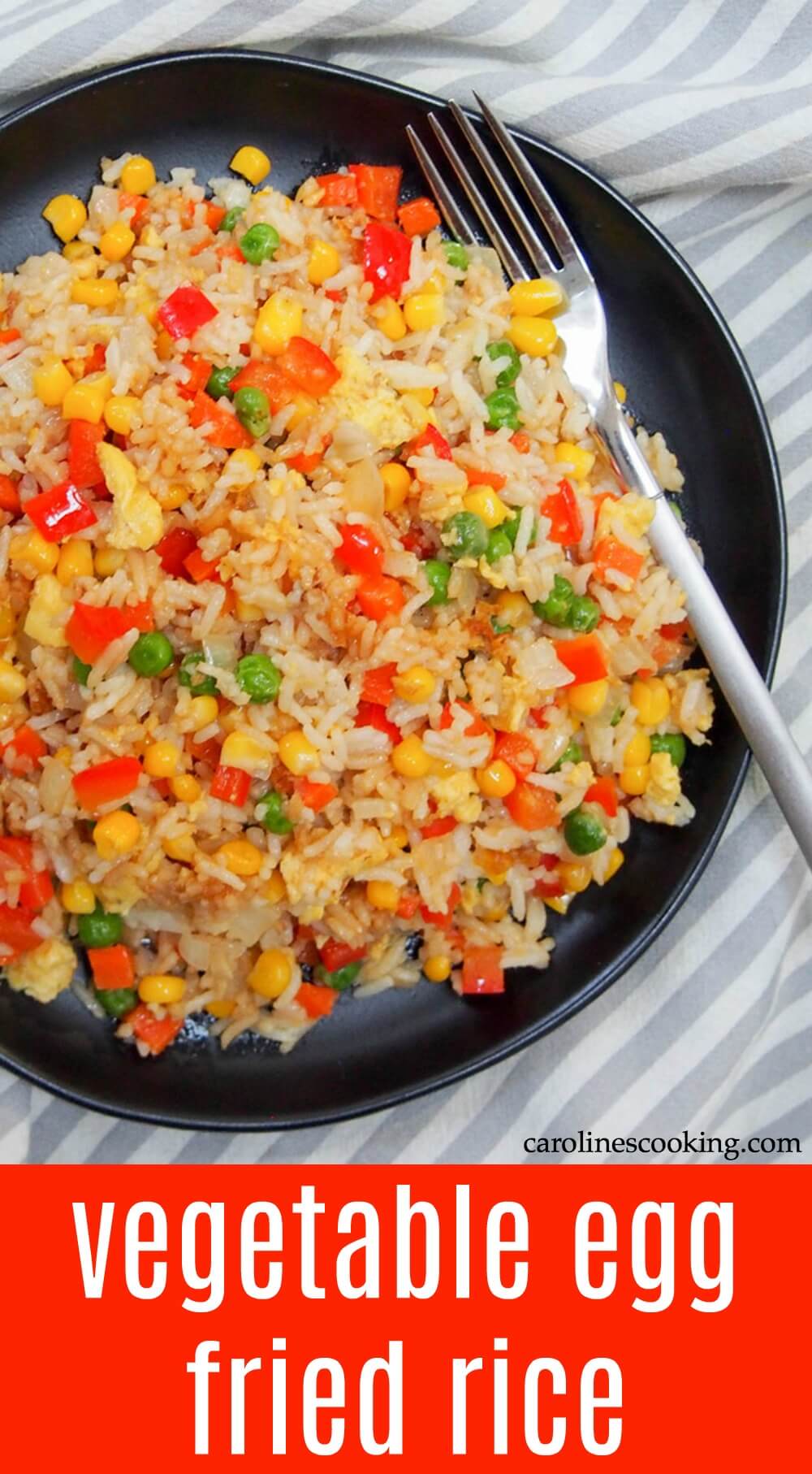 Loaded with vegetables (that you probably have hanging around the house anyway), vegetable egg fried rice is such an easy, tasty, quick and filling meal. Perfect any night! #vegetarian #chinesefood #friedrice