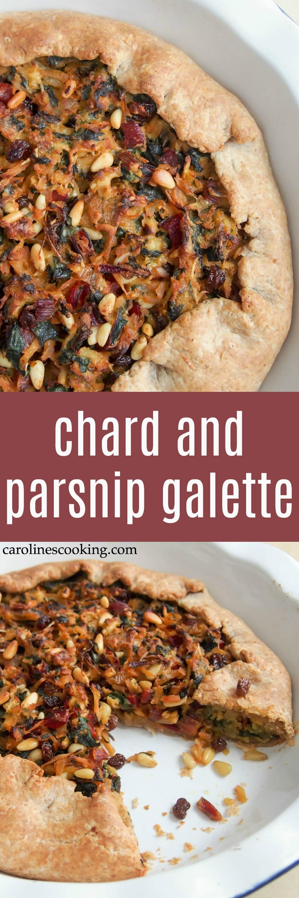 This chard and parsnip galette is full of delicious sweet-savory flavor from the parsnip, chard, parmesan, raisins and pine nuts inside. So tasty, and good for you too.