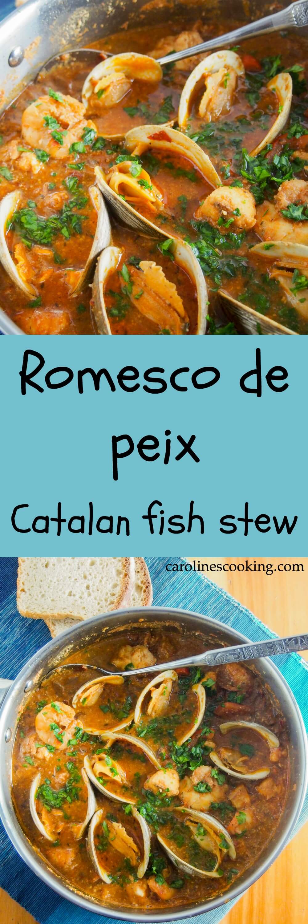 Romesco de peix, Catalan fish stew, is a wonderfully flavorful mix of seafood in a sauce made with almonds, peppers, tomato and garlic. It's comforting without being too heavy. Truly delicious. Romesco de peix, Catalan fish stew, is a wonderfully flavorful mix of seafood in a sauce made with almonds, peppers, tomato and garlic. It's comforting without being too heavy. Truly delicious. #seafood #Spanishfood #stew