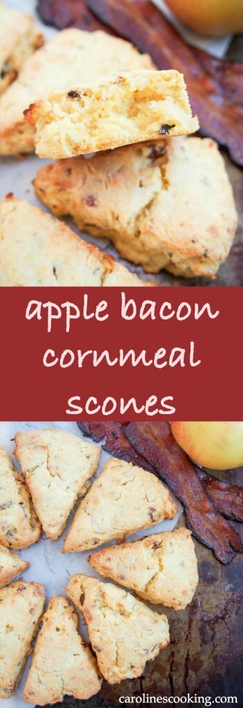 These apple and bacon cornmeal scones are moist and delicious, with a wonderful sweet-savory flavor combination. Such a tasty snack, you'll be back for more! #apple #homemadescones