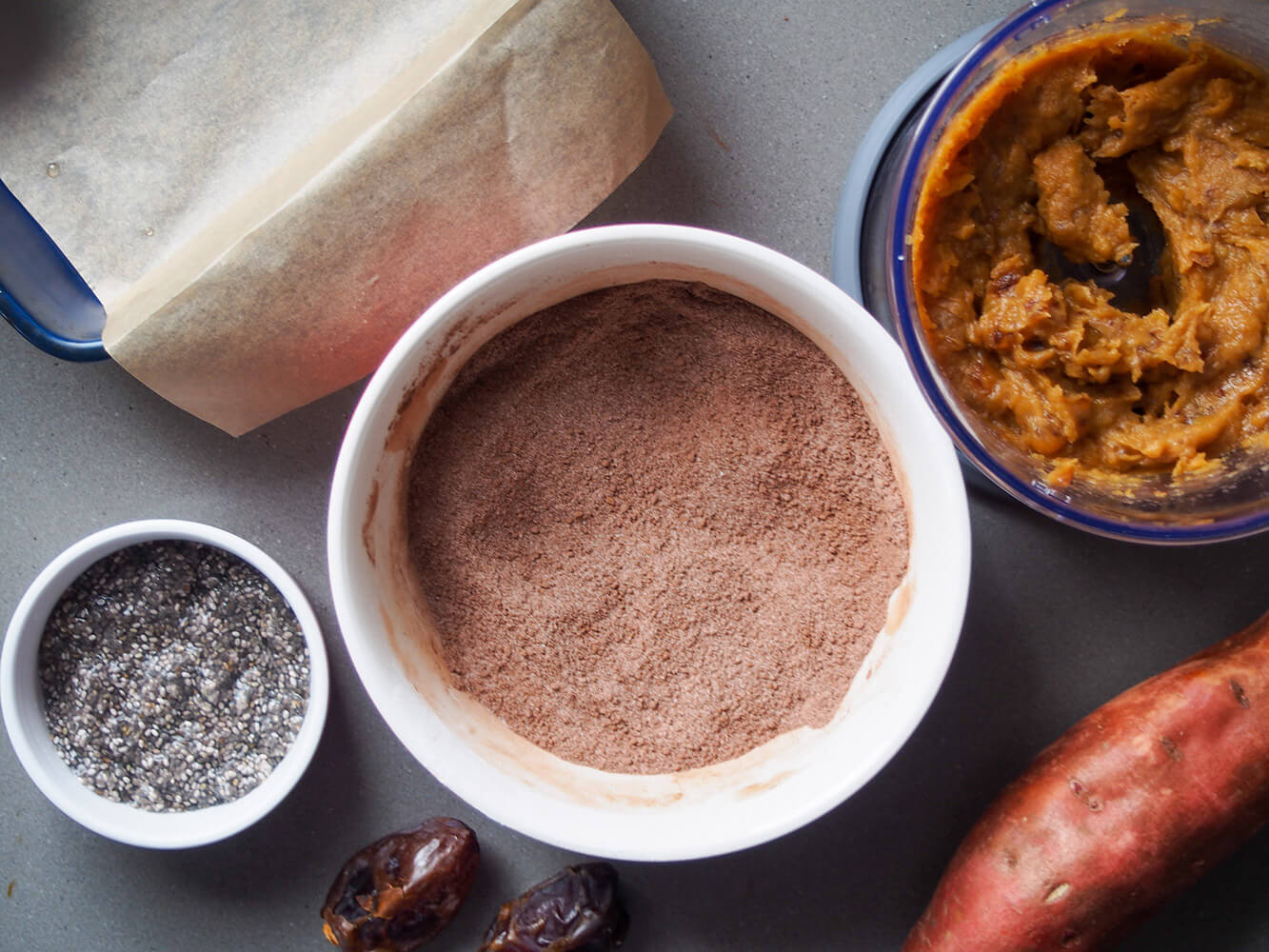 dry ingredients, sweet potato-date puree and chia ready to mix