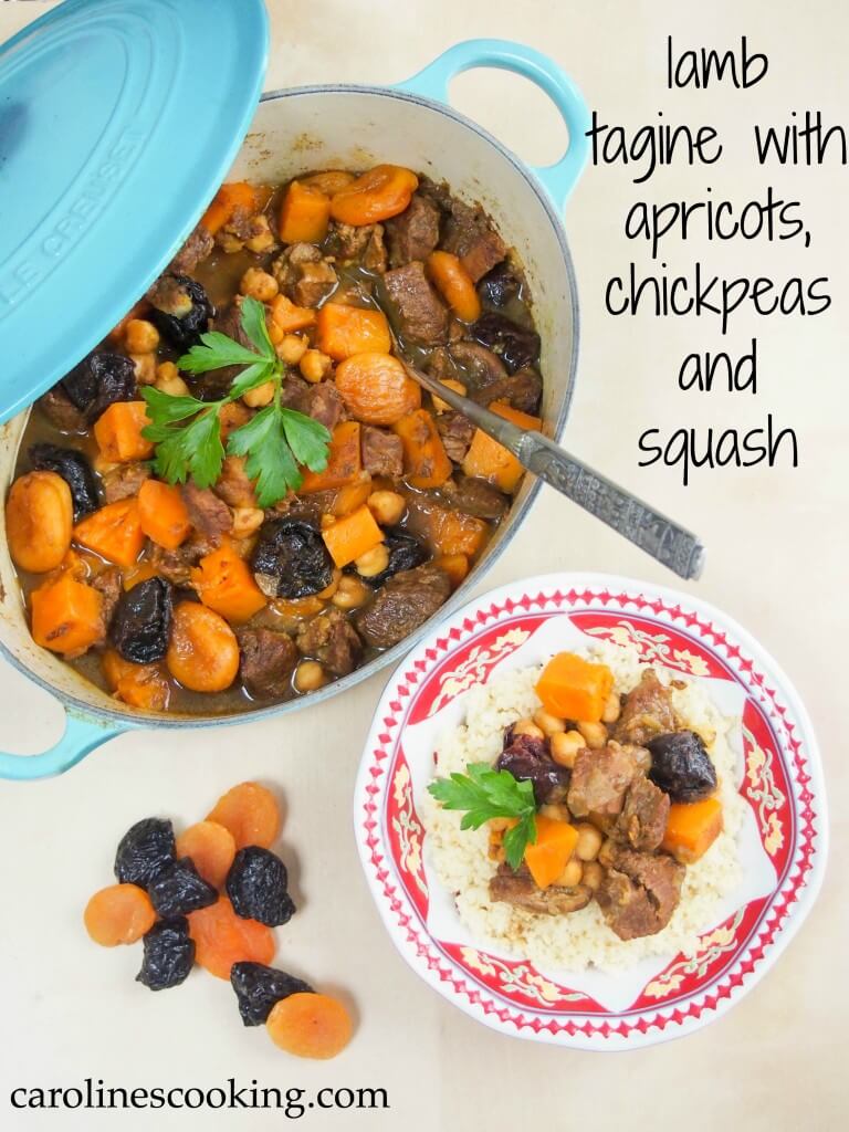 This lamb tagine with apricots, chickpeas and squash is really easy to make, full of fantastic flavors and wonderfully comforting. Great on a cold day too.