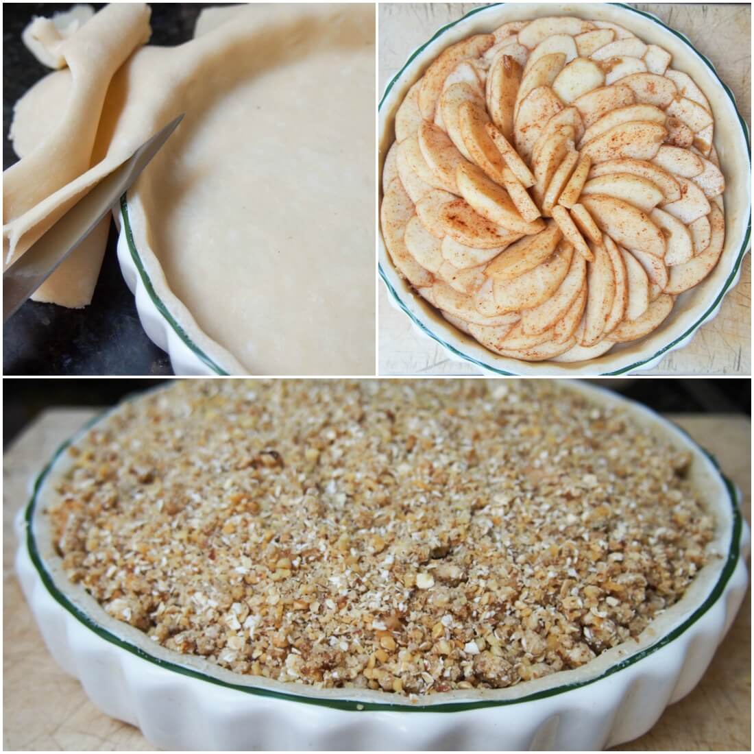 making walnut crumble topped apple tart