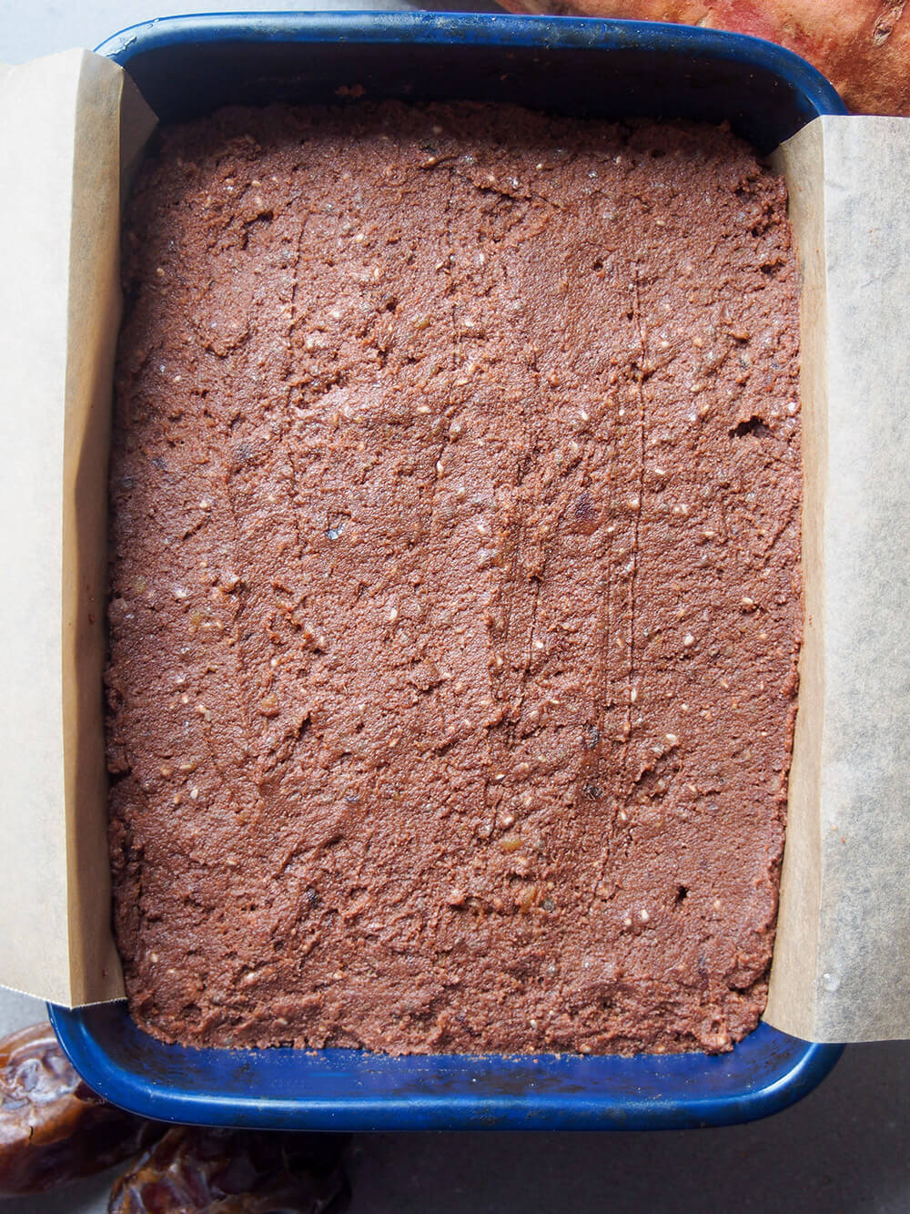 brownie mixture in dish ready to bake