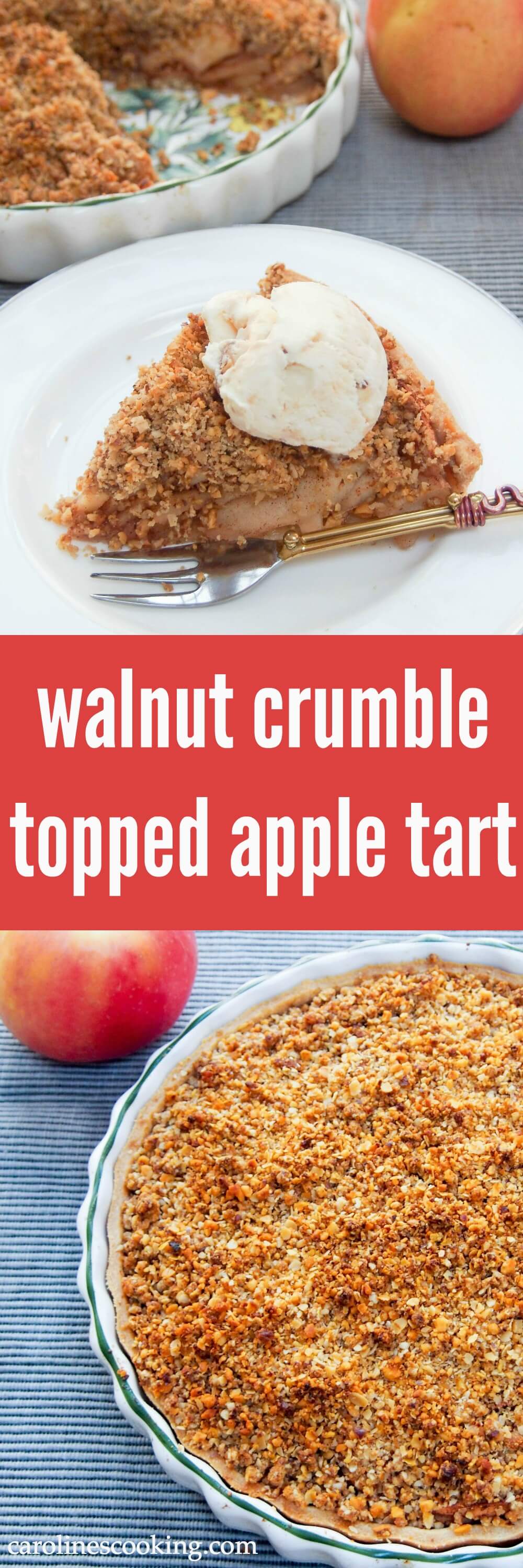 This walnut crumble topped apple tart has a delicious combination of soft cinnamony apples and crunchy, nutty topping. It's as well it's relatively healthy, as you'll be back for another slice. Fall flavors / dessert