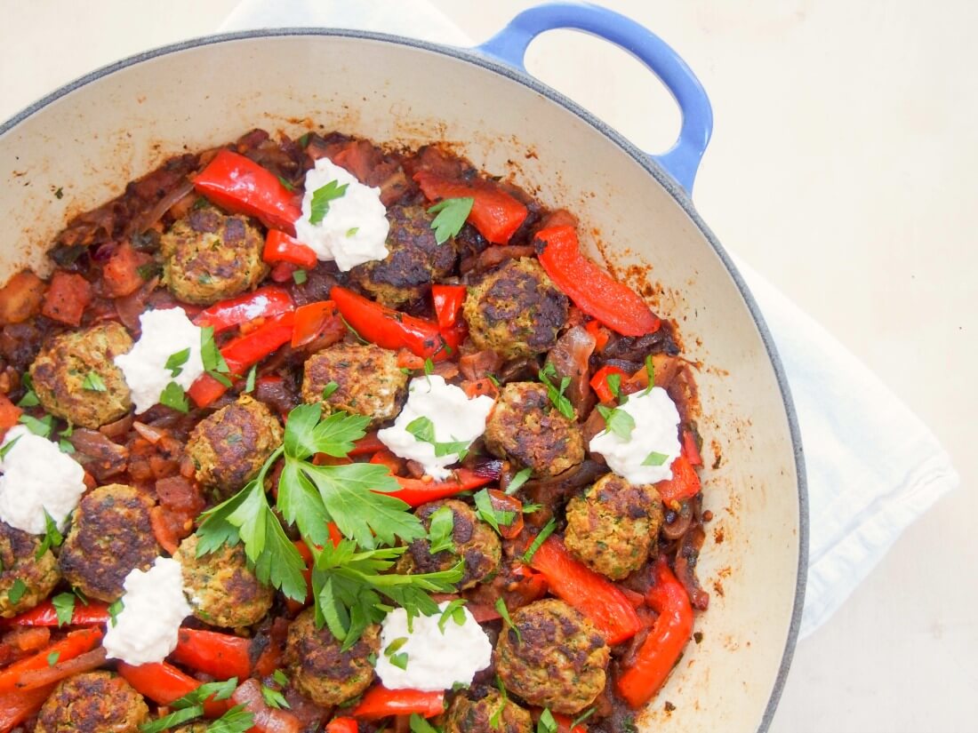 kofte style lamb meatballs in a tomato pepper sauce