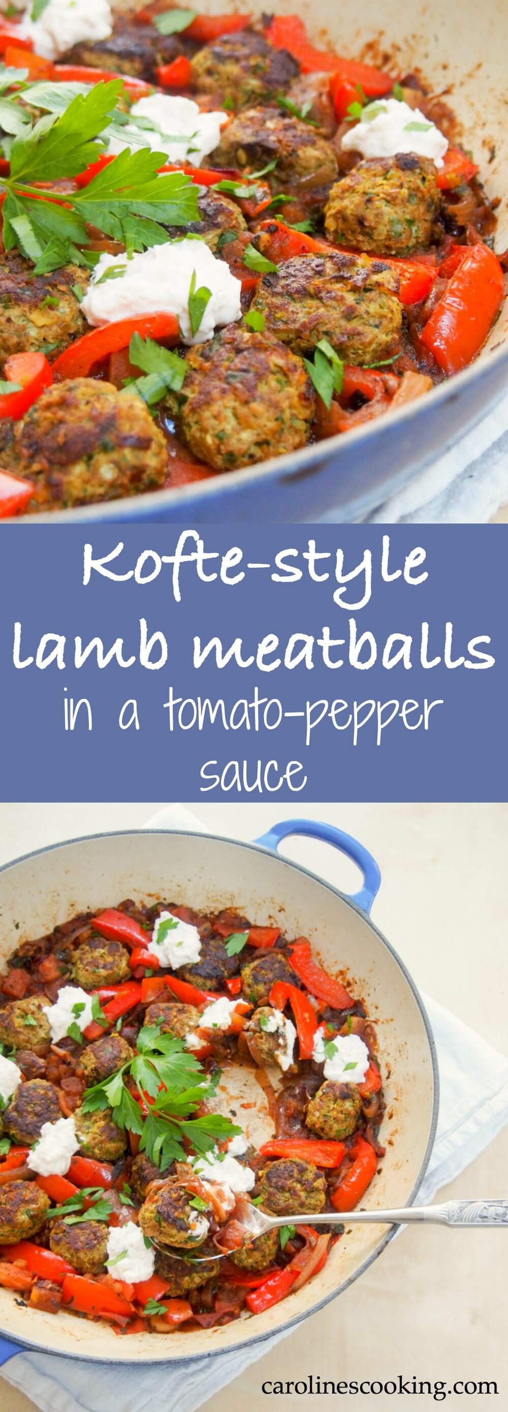 These kofte-style lamb meatballs are filled with delicious herbs, spices & pine nuts, then made better served in a tomato-pepper sauce with a feta-yogurt topping. They're great for brunch, lunch or dinner. Tasty comfort food!