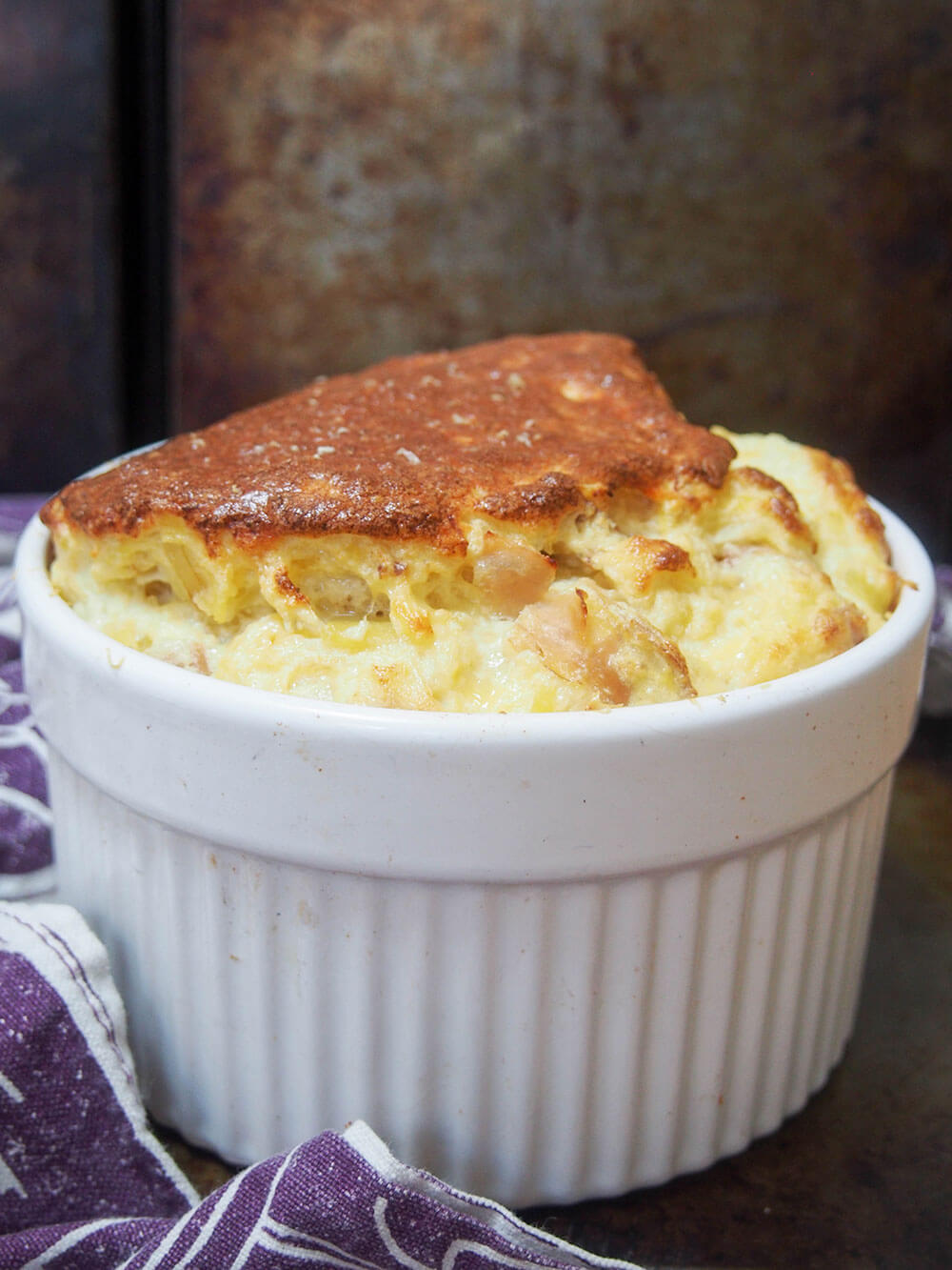 speck potato and cheese souffle a minute or two out the oven still with good rise on top