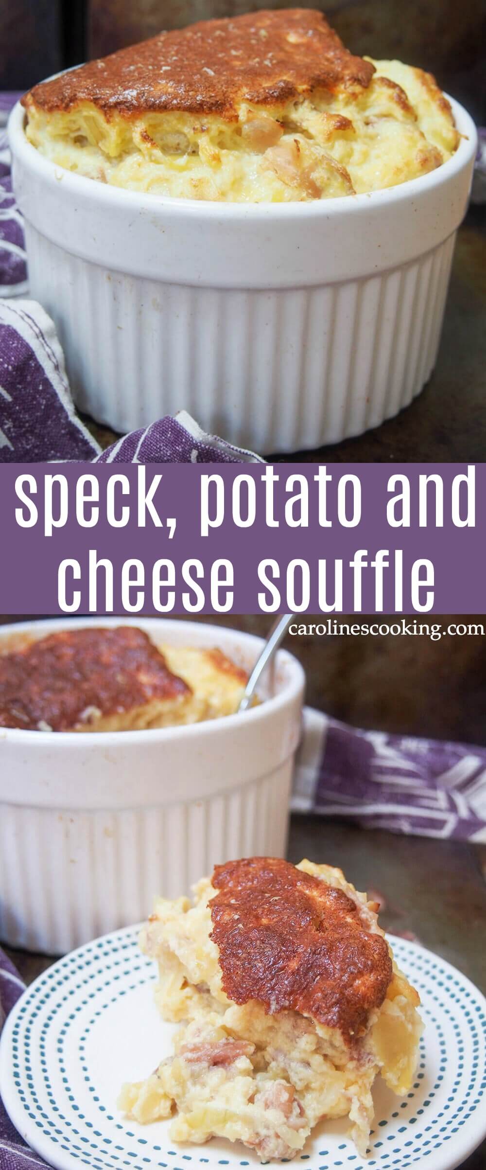 This speck, potato and cheese souffle makes relatively humble ingredients into something special and delicious, with a lovely smoky speck ham flavor coming through. This savory souffle makes a tasty lunch or light meal. #savorysouffle #cheesesouffle
