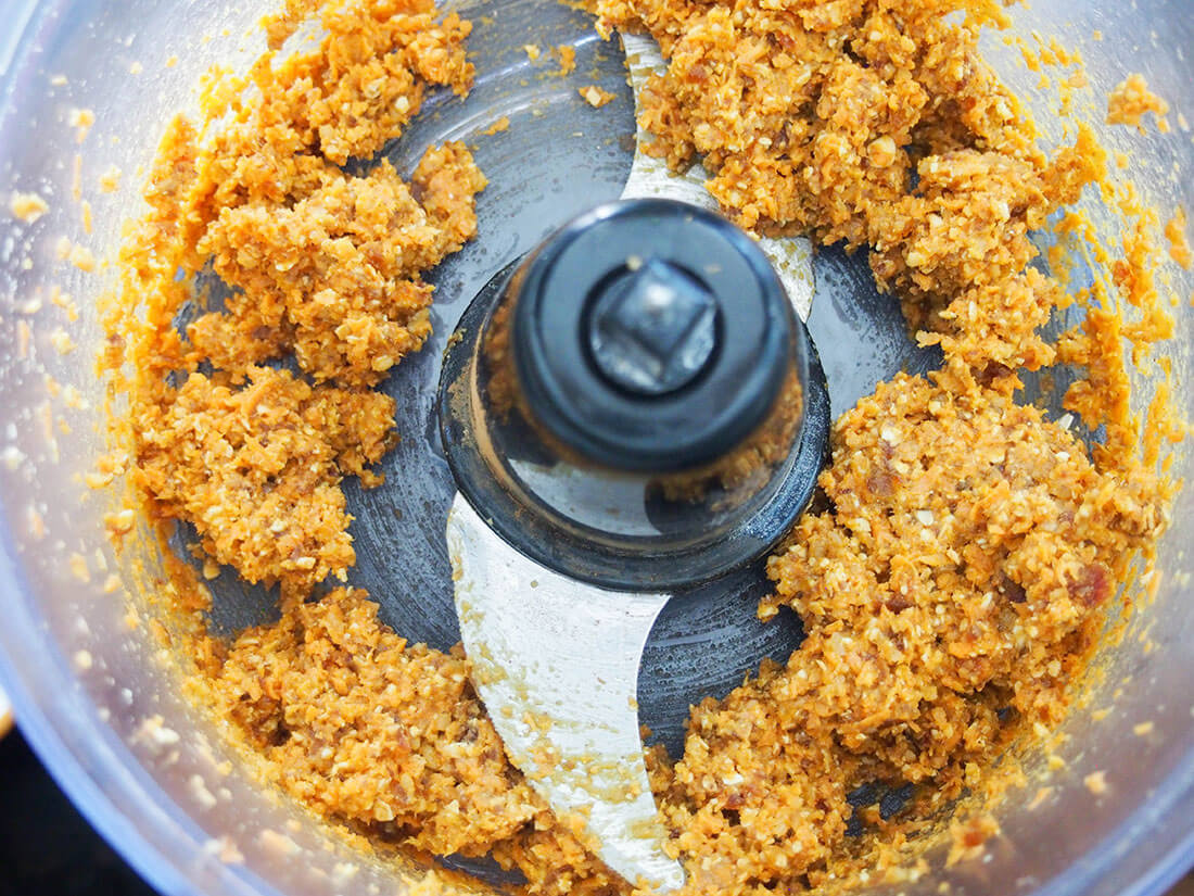 carrot cake energy bites mixture in food processor